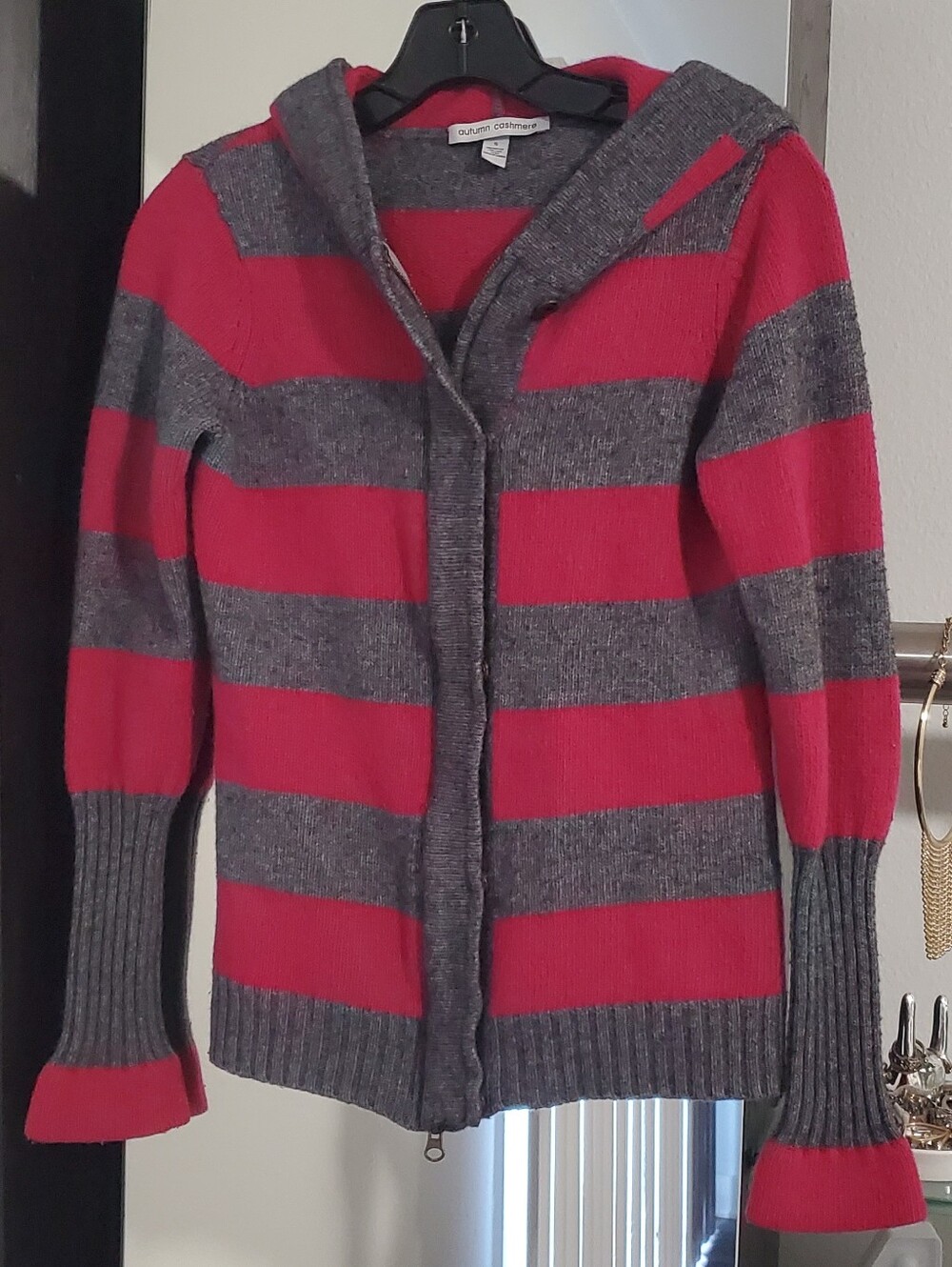 💕 Autumn Cashmere 💕 Women's Pink And Gray Striped Rugby Hooded Sweater
